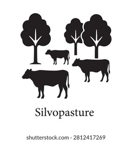 Silhouettes Of Cows And Trees Black Flat Vector Illustration