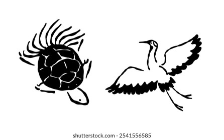Silhouettes of a crane and a turtle, black and white, crane turtle, Japanese-style, material, lucky charms.