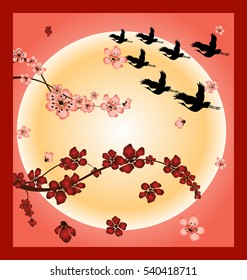 Silhouettes of cranes in the background of the sun. Spring landscape.
It can be used as poster, background, card, design element in your Projects. Abstract. Vector.