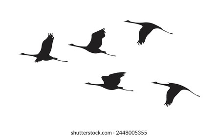 Silhouettes of cranes, the Crane Key, a flock of birds on a white background.