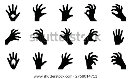 Silhouettes of creepy hands reaching out in various eerie gestures on a stark white background evoking fear and horror