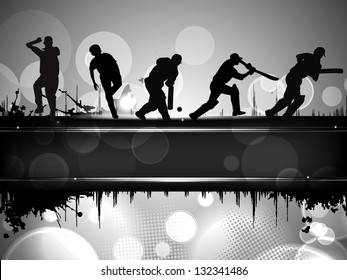 Silhouettes of a cricket batsman and bowlers in playing action on abstract background.