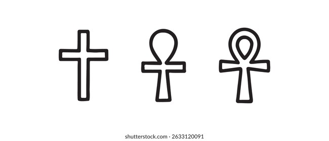 Silhouettes of cross and ankh symbols on white background.