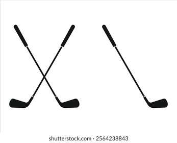 Silhouettes of crossed golf clubs with rounded heads, black minimalist design. Perfect for golf-related illustrations, sports logos, and branding for tournaments or recreational activities.