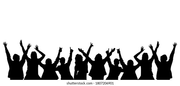 Silhouettes of crowd cheering, vector silhouette of people partying in celebration, isolated on white background, lifestyle silhouettes.