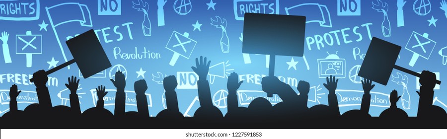 Silhouettes Crowd of people with flags, banners. Demonstration, manifestation, protest, strike, revolution. Banner with hand-draw doodle elements on the background