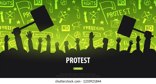Silhouettes Crowd of people with flags, banners. Demonstration, manifestation, protest, strike, revolution. Banner with hand-draw doodle elements on the background