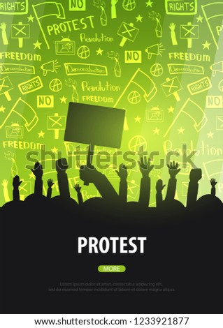 Silhouettes Crowd of people with flags, banners. Demonstration, manifestation, protest, strike, revolution. Banner with hand-draw doodle elements on the background