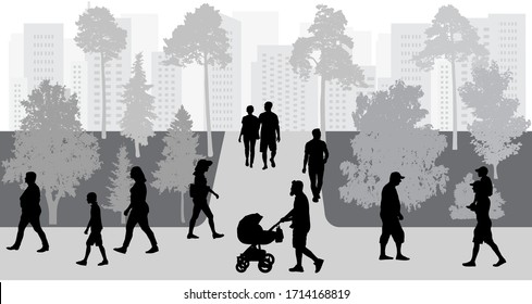 Silhouettes Of Crowd Of People Walking In Park. Vector Illustration.