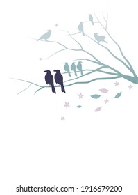 Silhouettes of crows on dry branches on white background, leaves and little flowers 