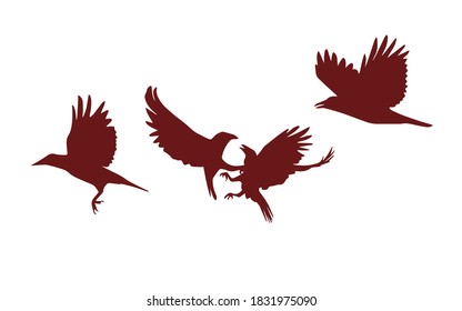 Silhouettes of crows. Vector linear illustration.