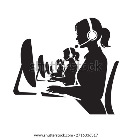 Silhouettes of customer service representatives working at computer stations