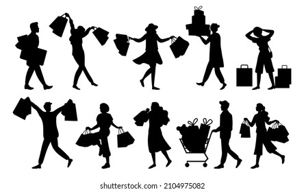 Silhouettes of customers while shopping. Group of shoppers with purchases in their hand. Men and women are buying gifts. Girls are choosing clothes. People with presents preparing for the holiday