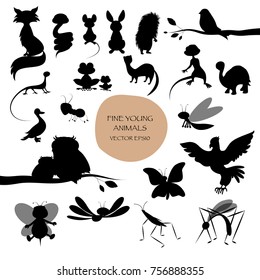 Silhouettes of cute animals isolated on white background. Mammals, birds, reptiles, insects.
