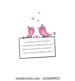 Silhouettes cute birds sing in Love. Stylish card for Valentine day. Vector illustration. Invitation card for wedding