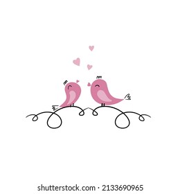 Silhouettes cute birds sing in Love. Stylish card for Valentine day. Vector illustration. Invitation card for wedding
