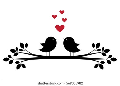 Silhouettes of cute birds sing and red hearts. Stylish card for Valentine day. Vector illustration