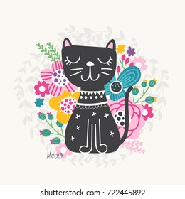 Silhouettes of cute black cat with floral frame in doodle style. Background for children in vector.