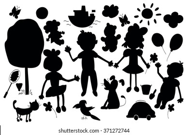 Silhouettes of cute child's life including pets, toys, plants, things for sport and celestial elements. Vector illustration.