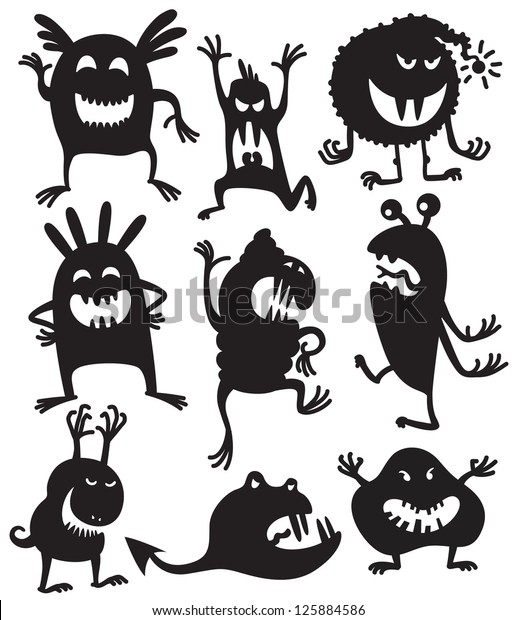 Silhouettes Cute Doodle Monsters Stock Vector (Royalty Free) 125884586