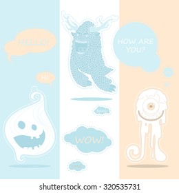 Silhouettes of cute doodle monsters. Speech and thought background vector. A set of banners. Vector illustration.