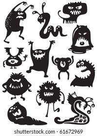 Silhouetten süßer Doodle-Monster-Bakterien