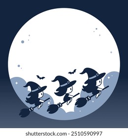 Silhouettes of cute witches and bats on a background of the moon. Autumn holiday Halloween. Vector flat illustration.