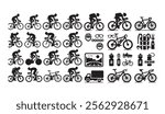 Silhouettes of cyclists, bikes, gear, and accessories, perfect for cycling events, sports design, and outdoor recreation themes. Includes helmets and water bottles