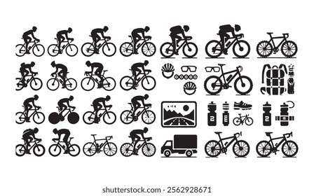 Silhouettes of cyclists, bikes, gear, and accessories, perfect for cycling events, sports design, and outdoor recreation themes. Includes helmets and water bottles