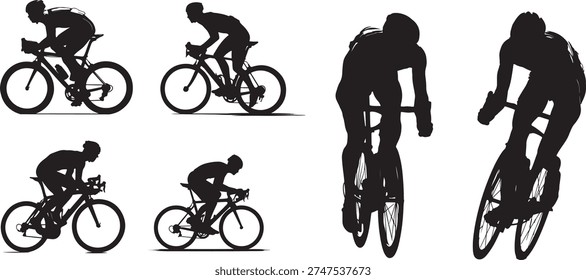 Silhouettes of cyclists racing on bicycles in various dynamic positions