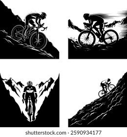 Silhouettes of cyclists riding in the mountains. Vector monochrome set of sketches on the theme of sports and travel in doodle style