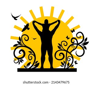 Silhouettes of dad and son together. Vector illustration