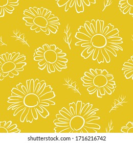 Silhouettes Of Daisies On Yellow. Daisy Seamless Pattern. Floral Background. Vector Illustration Of Beautiful Flowers And Leaves. Chamomile Simple Outline.