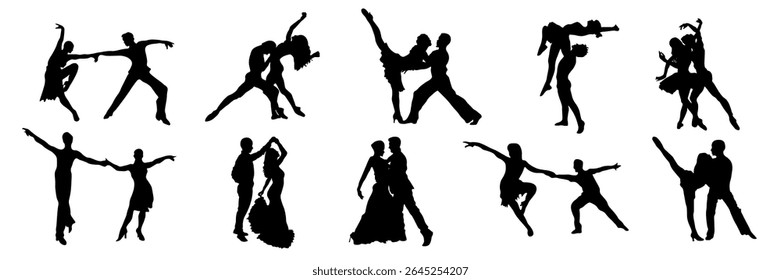 Silhouettes of dancers, couple dances, modern dance positions. Dynamic, elegant figures demonstrating various dance moves. Ideal for design projects related to dance, performing arts, fitness