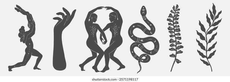 Silhouettes of dancers and nature elements. Dancers in graceful poses, surrounded by plants and a snake. Artistic and elegant design with dancers and nature. Spirituality vector set.