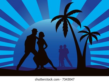 Silhouettes of dancers on a blue sunset background.