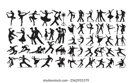 Silhouettes of dancers performing various styles, including ballet, tango, jazz, and contemporary. Perfect for art, dance education, and creative projects