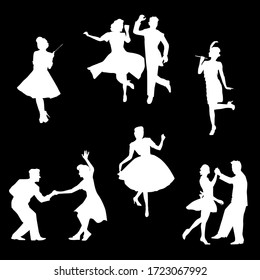 Silhouettes of dancers. Set of retro style dancers of the 20's. Vector illustration. Collection of choreographic movements