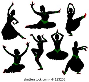 Silhouettes of dancers. Traditional Indian dance.