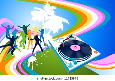 silhouettes dancing; abstract design with rainbow