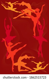 silhouettes of dancing ballerinas in red colors isolated on burgundy background with decorative elements
