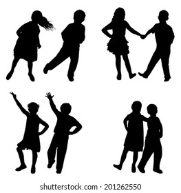 silhouettes of dancing boys and girls on white background vector