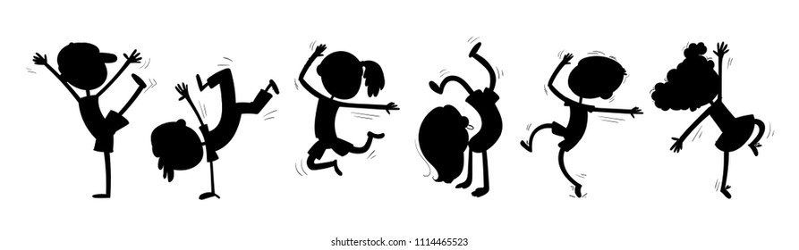 Silhouettes of dancing children. Funny cartoon character. Vector illustration. Isolated on white background