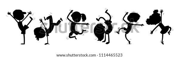 踊る子供のシルエット おかしな漫画のキャラクター ベクターイラスト 白い背景に分離型 のベクター画像素材 ロイヤリティフリー