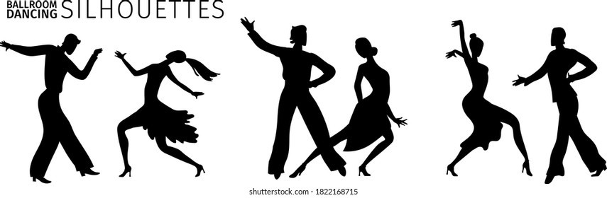 Silhouettes of dancing couples. Trendy vector illustration of professional ballroom dancers. International Latin: Cha cha, Samba, Rumba, Paso Doble, Jive. American Rhythm: Salsa, Mambo,  Swing.