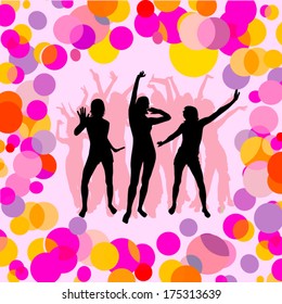 Silhouettes of dancing girls confetti. Vector
