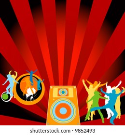 silhouettes dancing, ,loudspeaker, city and rays