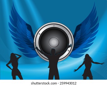 Silhouettes Dancing on a Blue Background with Big Speaker and Wings