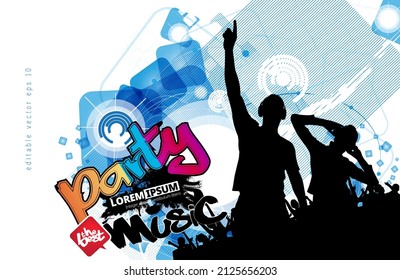 Silhouettes of dancing people in a club. Background ready for poster or banner