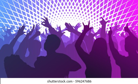 Silhouettes of dancing people in club in front of bright stage lights - disco concept, vector illustration